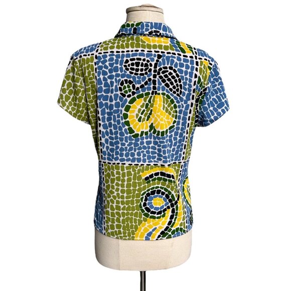 90s Y2K Vintage BCBG Lemon Mosaic Top Novelty Print Short Cap Sleeve Buttonup. - Picture 4 of 7